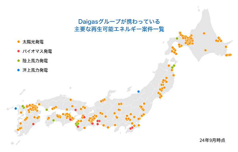 Daigasグループが携わっている主要な再生可能エネルギー案件一覧